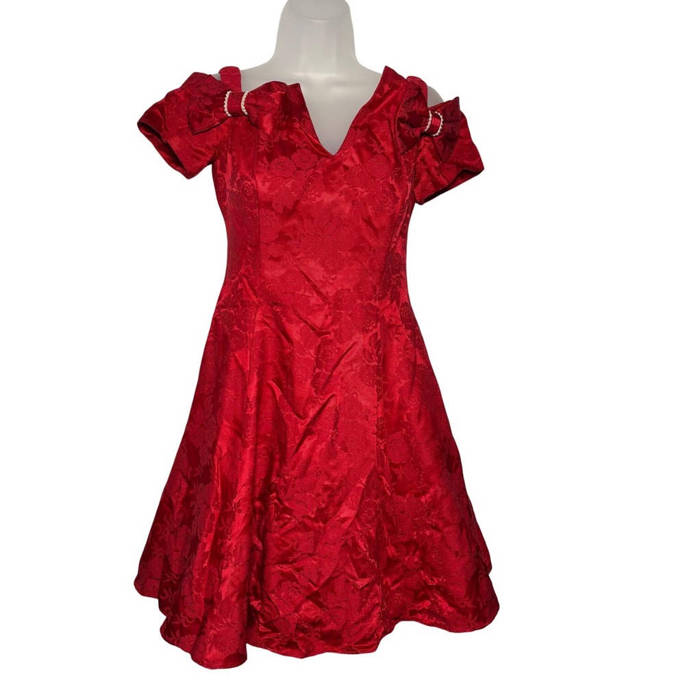 Vintage Gunne Sax Red Floral Damask Bow Pearl Cold Shoulder Dress 9/10  Romantic
